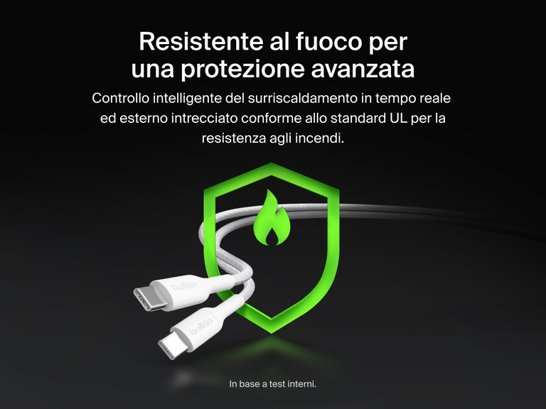 Il cavo intrecciato da USB-C a 2 USB-C BoostCharge Pro Belkin &egrave; composto da materiali resistenti agli incendi e offre una protezione in tempo reale dal surriscaldamento, per garantire una ricarica sicura e affidabile con potenza fino a 140 W.